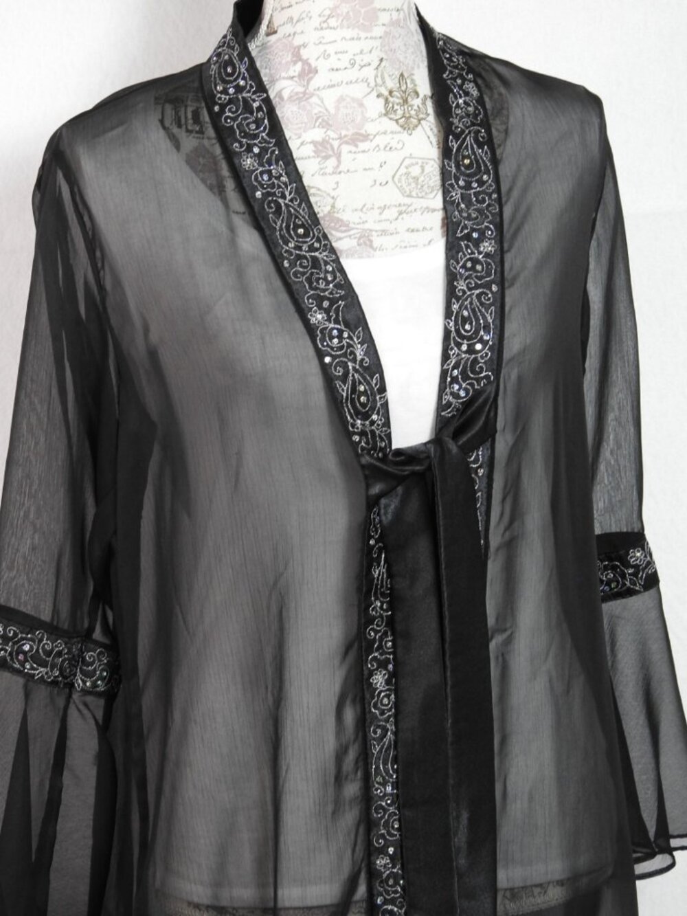 Vintage Robe Black Yasmin Sheer Kimono Duster Sz XL Trim Tie Front Boho Sexy - Picture 8 of 12